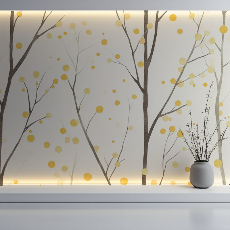 Botanical wall mural featuring golden accents in a bright dining room setting