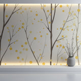 Botanical wall mural featuring golden accents in a bright dining room setting
