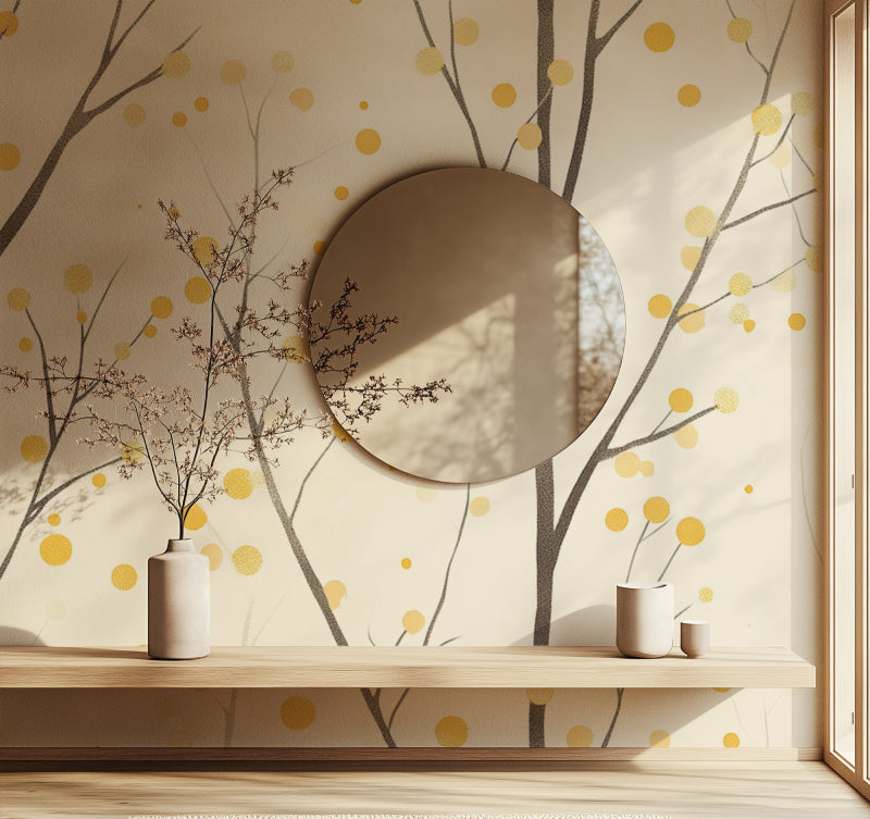 Nature-inspired wall mural bringing warmth to a home office space