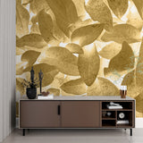 Nature wallpaper with gold leaves brightening a home office space