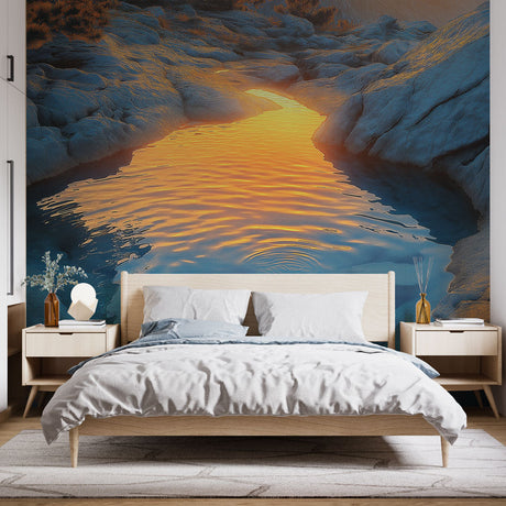 Nature landscape wallpaper with golden sunset water reflection brightening a modern living room with high ceilings