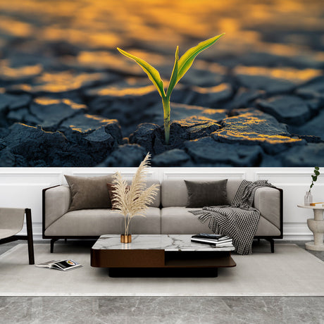 Nature wall mural with green sprout design creating depth in a minimal Scandinavian living room