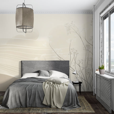 Minimalist floral wallpaper in a bright modern living room showing beige nature patterns creating depth
