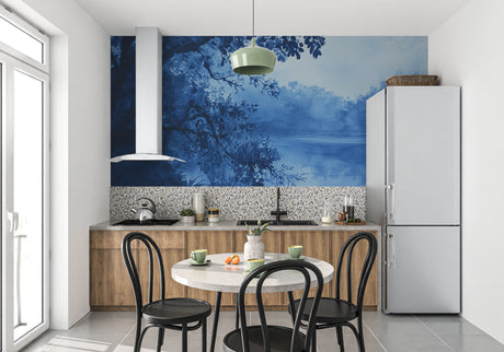 Blue forest lake wallpaper in modern living room, creating depth and serenity