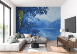 Misty forest mural in master bedroom showing peaceful lake scene