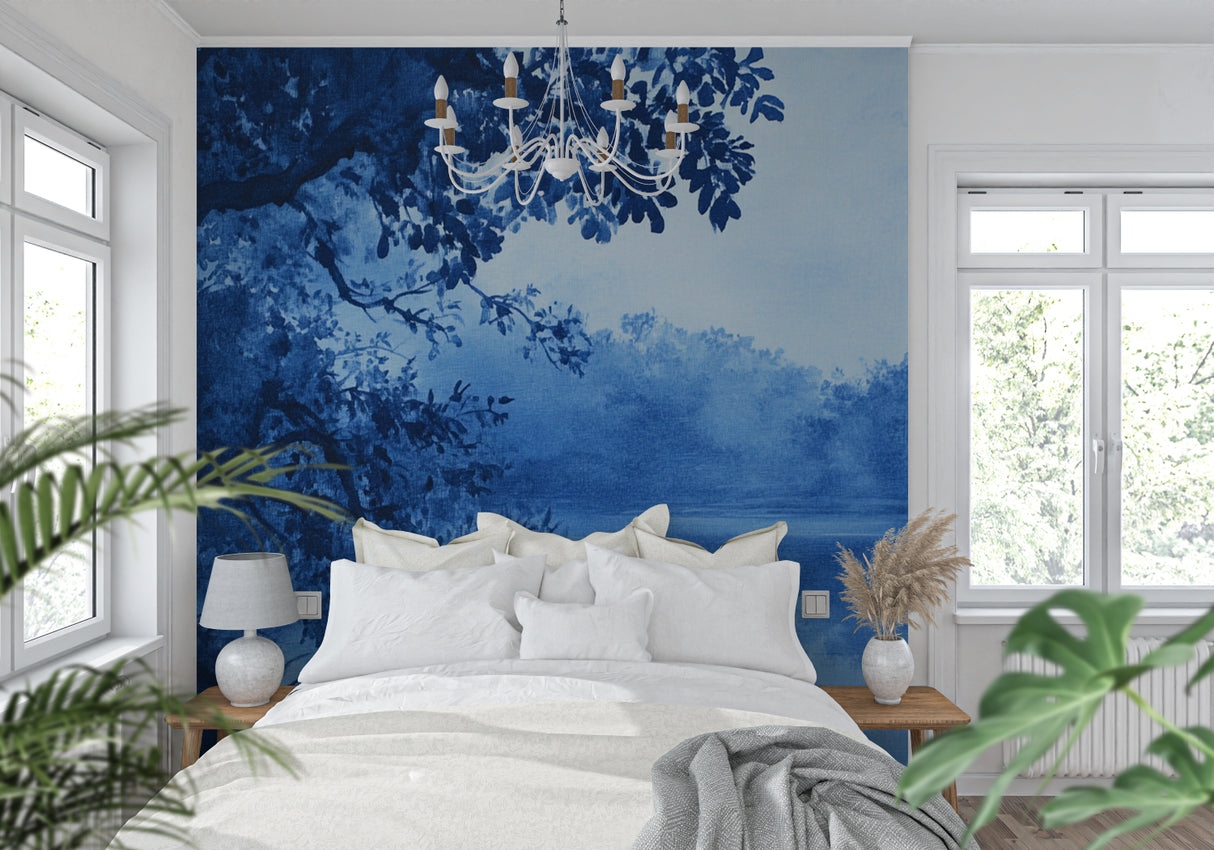 Nature scene wallpaper in dining room with reflected lake view