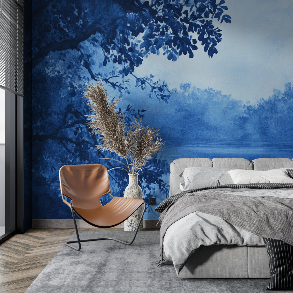 Blue forest wallpaper creating calm atmosphere in home office