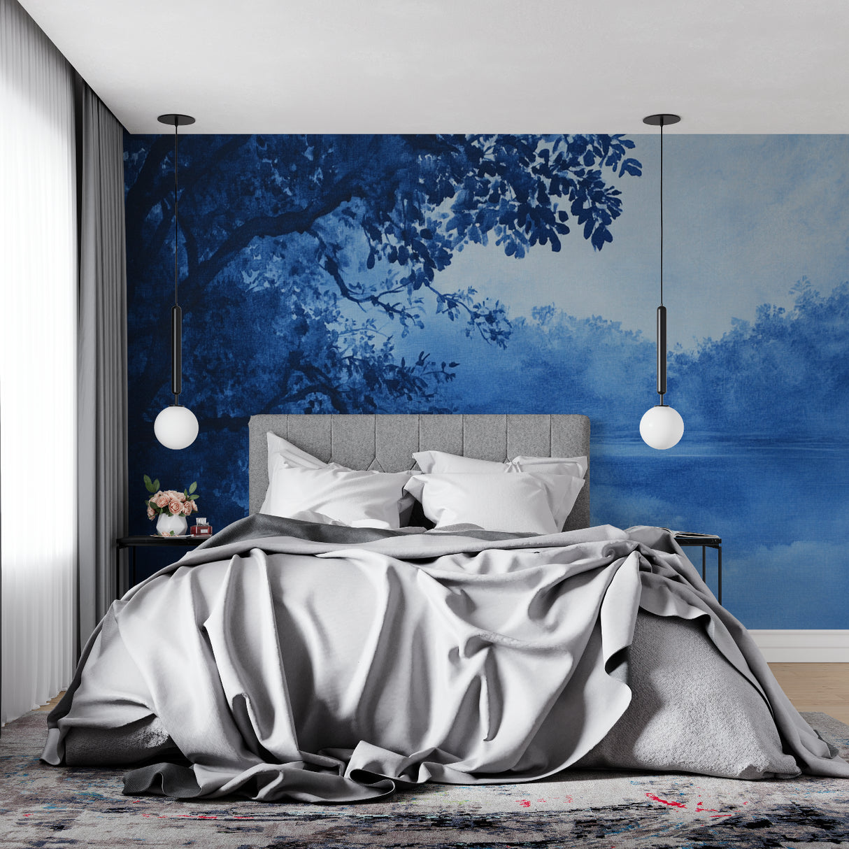 Lake landscape mural adding depth to meditation room