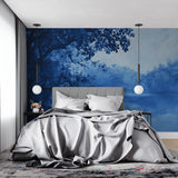 Lake landscape mural adding depth to meditation room