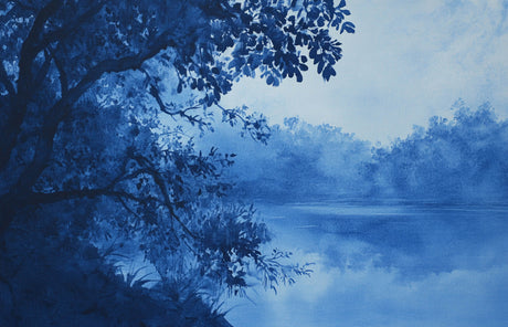 Blue forest lake wallpaper design file showing misty landscape pattern