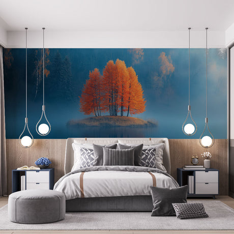 Autumn forest wallpaper mural creating depth in a modern living room, orange trees reflecting in morning light