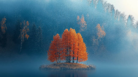 Misty Island Autumn Trees design file, showing detailed forest pattern with golden leaves and blue mist