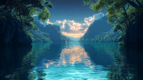 Mountain lake wallpaper design file showing serene waters and dramatic sunset sky