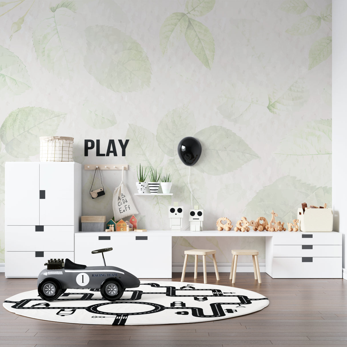 Botanical wall mural creating serene atmosphere in minimal bedroom setting