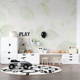 Botanical wall mural creating serene atmosphere in minimal bedroom setting