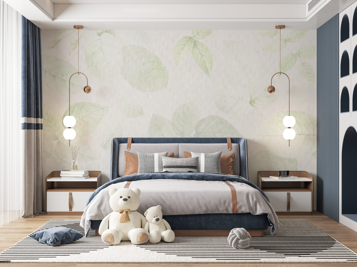 Soft green leaf pattern mural in dining room with natural daylight