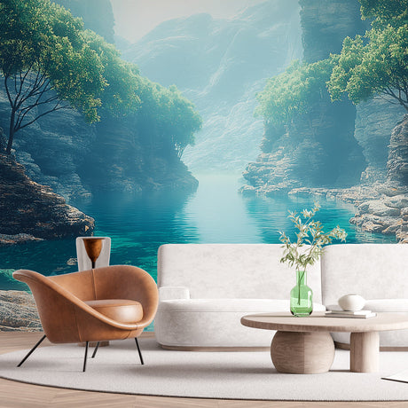 Turquoise canyon lake wallpaper creating depth in a modern living room with grey sofa and natural light