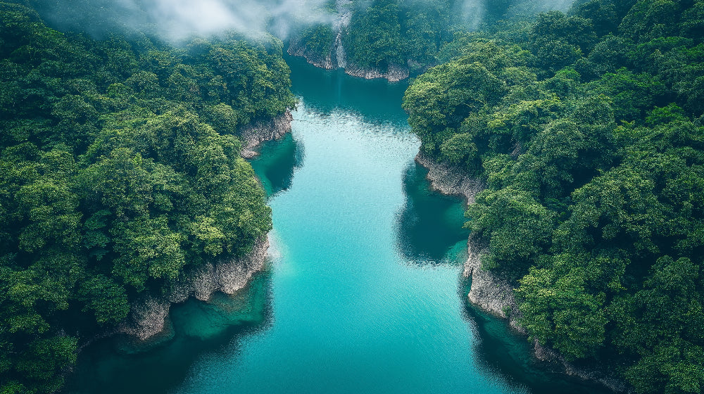 Nature wallpaper design file showing detailed aerial view of turquoise river meandering through forest