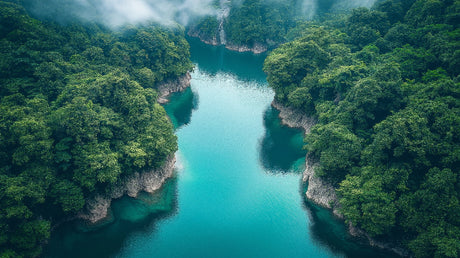 Nature wallpaper design file showing detailed aerial view of turquoise river meandering through forest