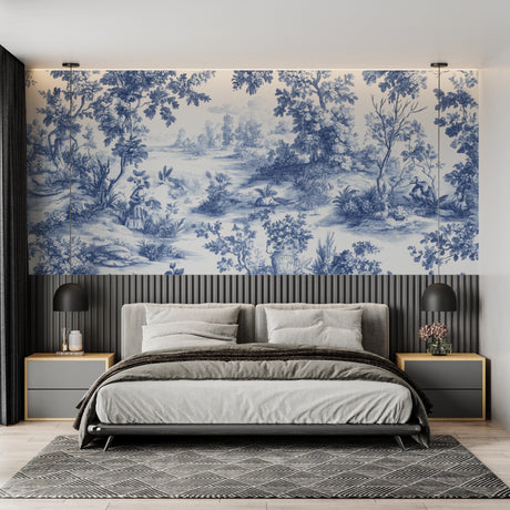 Blue Toile de Jouy wallpaper in an elegant living room showing pastoral scenes and French countryside motifs