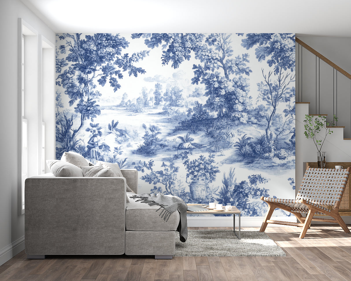 Vintage blue Toile pattern mural creating depth in a cozy bedroom setting