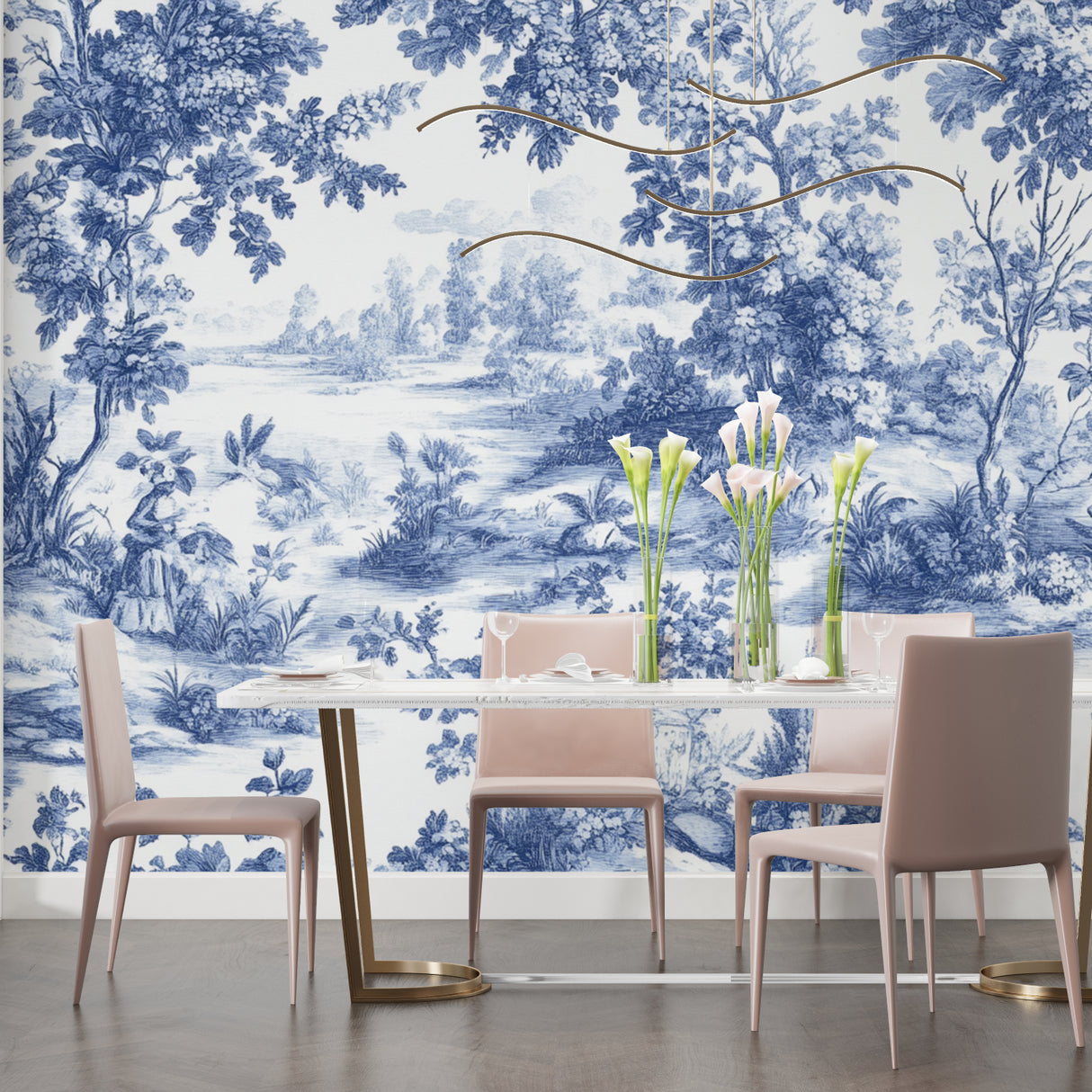 Blue and white Toile de Jouy mural adding charm to a home office space