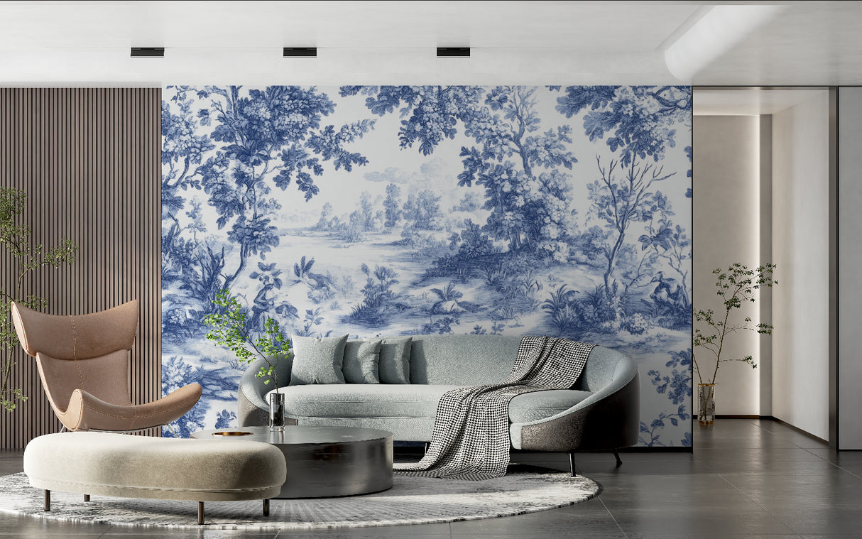 Traditional Toile pattern wallpaper making a statement in an entrance hall