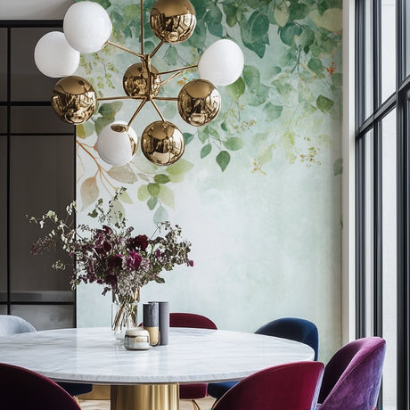Botanical wallpaper with watercolor leaves creating a calm atmosphere in a modern living room