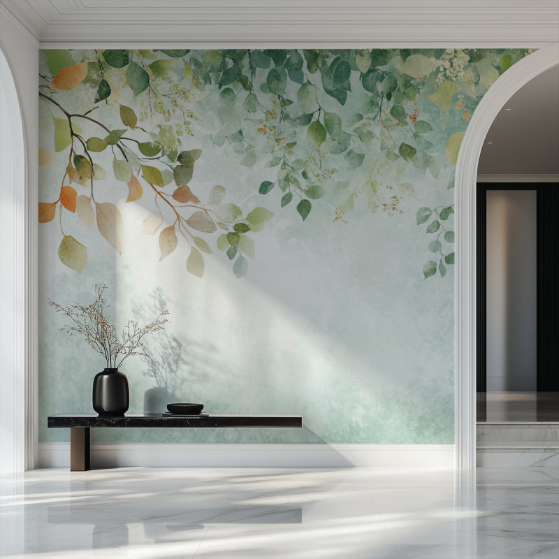 Green leaf mural wallpaper bringing natural beauty to a bright dining room
