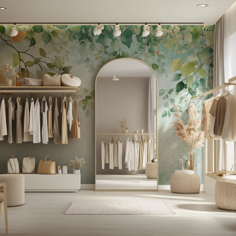 Watercolor botanical wall mural adding fresh style to a cozy bedroom