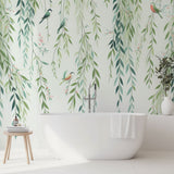 Willow branches and birds wallpaper creating a peaceful atmosphere in a modern living room with natural light