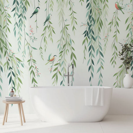 Willow branches and birds wallpaper creating a peaceful atmosphere in a modern living room with natural light
