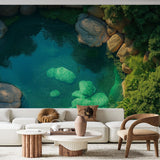 Turquoise lagoon pool wallpaper creating a stunning focal point in a modern living room with minimalist furniture