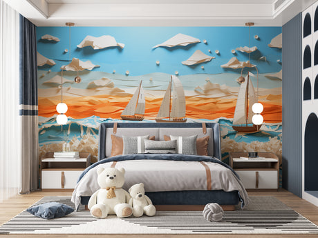 Nautical mural wallpaper creating a dreamy ocean atmosphere in a modern living room