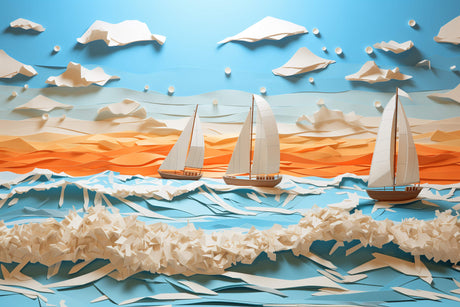 Design file showing detailed 3D sailing ships pattern with paper-cut effect and ocean waves