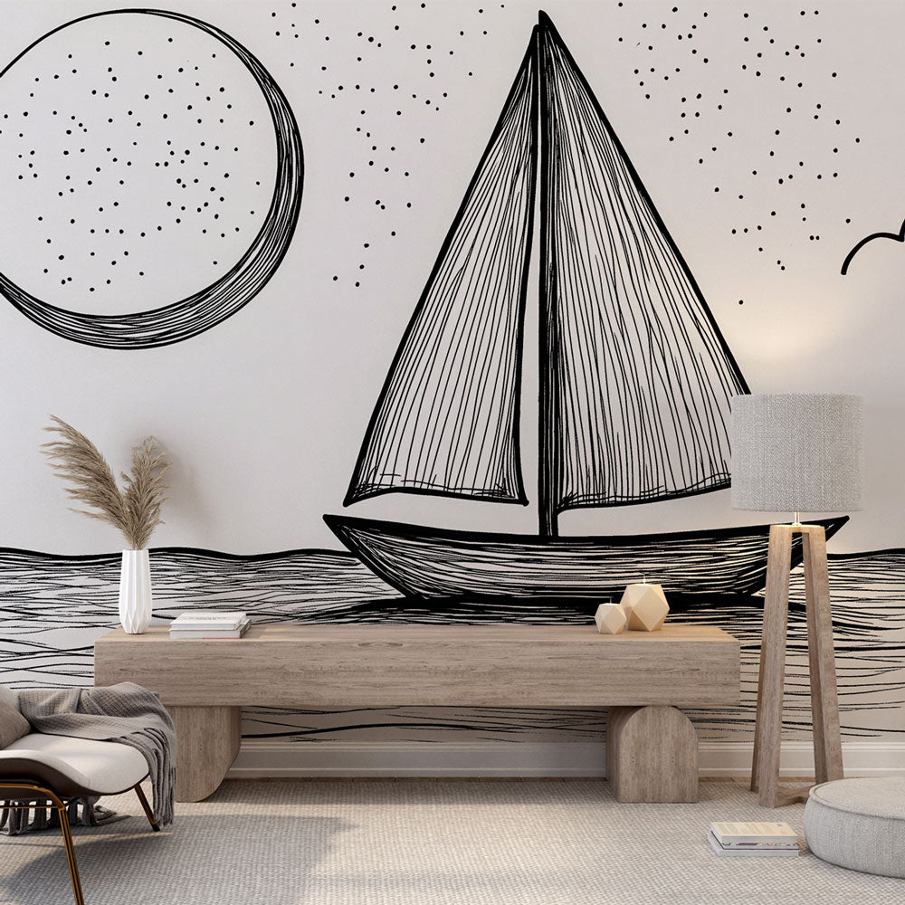 Minimalist black and white nautical wallpaper creating a dramatic focal point in a modern living room with clean lines
