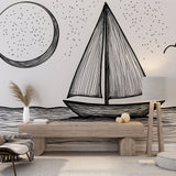 Minimalist black and white nautical wallpaper creating a dramatic focal point in a modern living room with clean lines