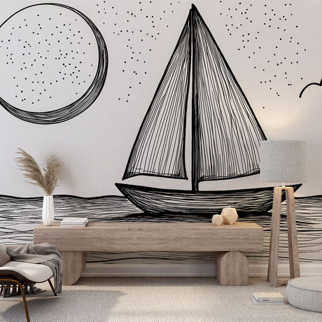 Minimalist black and white nautical wallpaper creating a dramatic focal point in a modern living room with clean lines