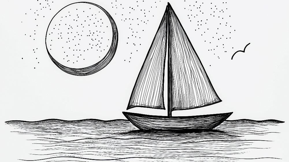 Black and white sailboat line art design file showing intricate wave patterns and detailed moon illustration