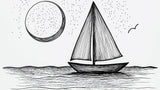 Black and white sailboat line art design file showing intricate wave patterns and detailed moon illustration