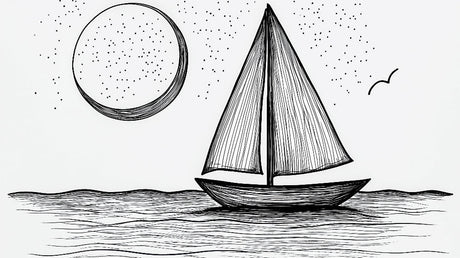 Black and white sailboat line art design file showing intricate wave patterns and detailed moon illustration