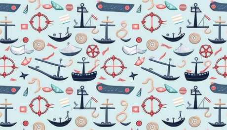 Design file showing detailed nautical pattern with ships, compasses and rope elements