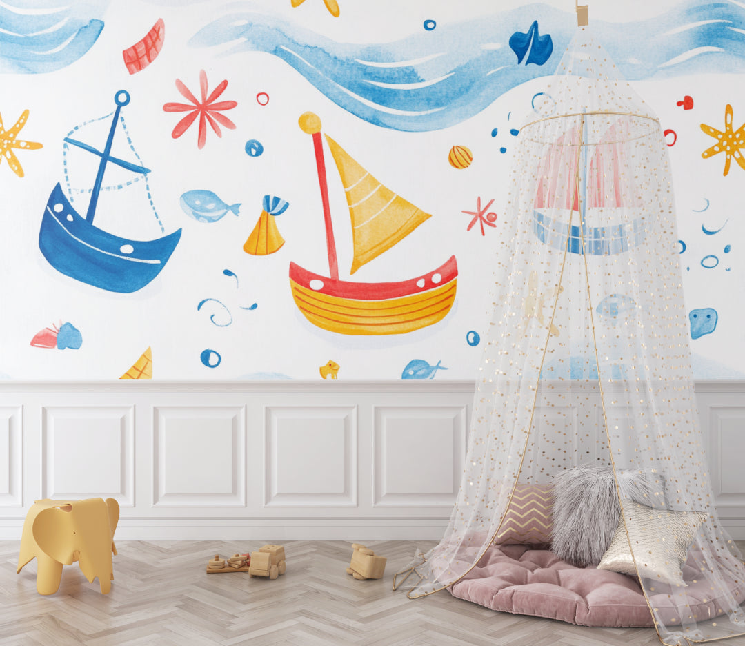 Marine theme wall mural transforming a playroom with cheerful boat designs and sea elements