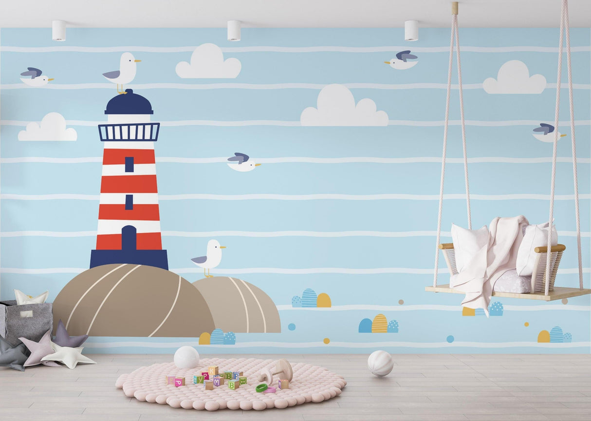 Nautical lighthouse wallpaper creating a cozy atmosphere in a bright kids bedroom with white furniture
