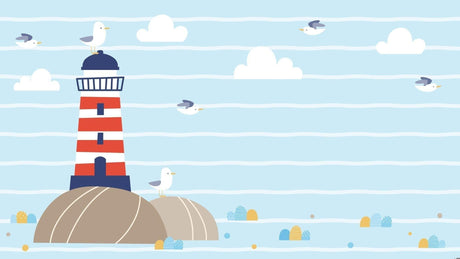 Lighthouse and seagulls wallpaper design file showing full pattern detail and colors