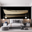 Minimalist boat wallpaper creating a sophisticated atmosphere in a modern living room with clean lines and beige furniture
