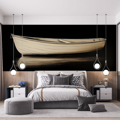 Minimalist boat wallpaper creating a sophisticated atmosphere in a modern living room with clean lines and beige furniture