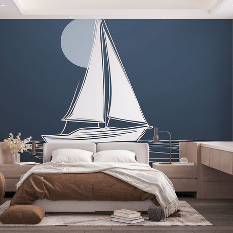 Nautical wall mural with minimalist sailboat and moon design creating a peaceful atmosphere in a modern living room