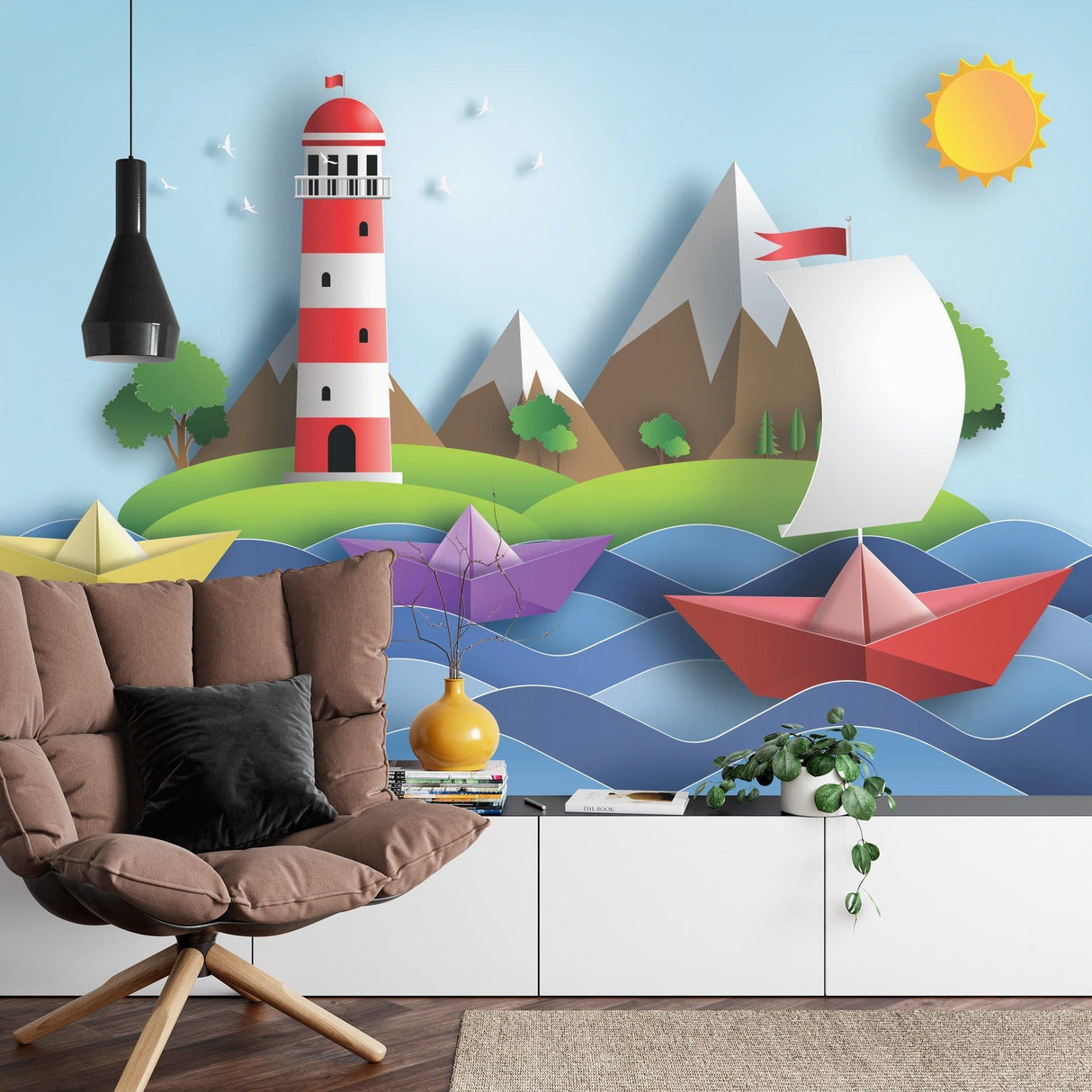 Nautical lighthouse wallpaper bringing coastal charm to a bright kids bedroom with paper boat design