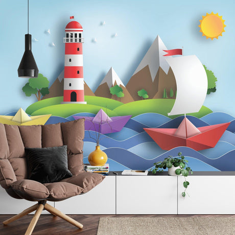 Nautical lighthouse wallpaper bringing coastal charm to a bright kids bedroom with paper boat design